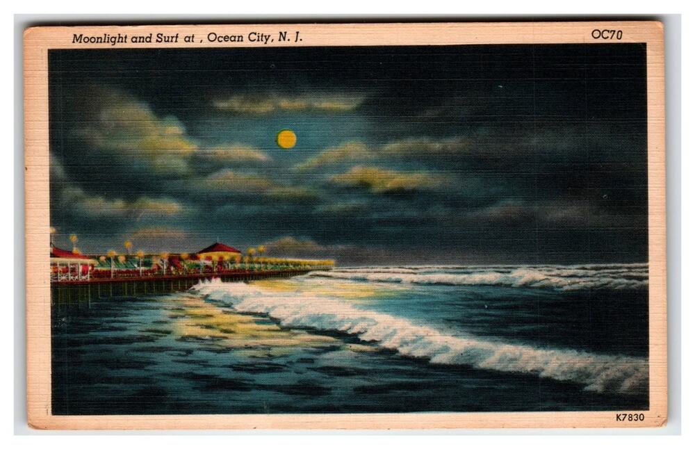 Vintage 1959 Moonlight and Surf Linen Postcard Ocean City New Jersey NJ